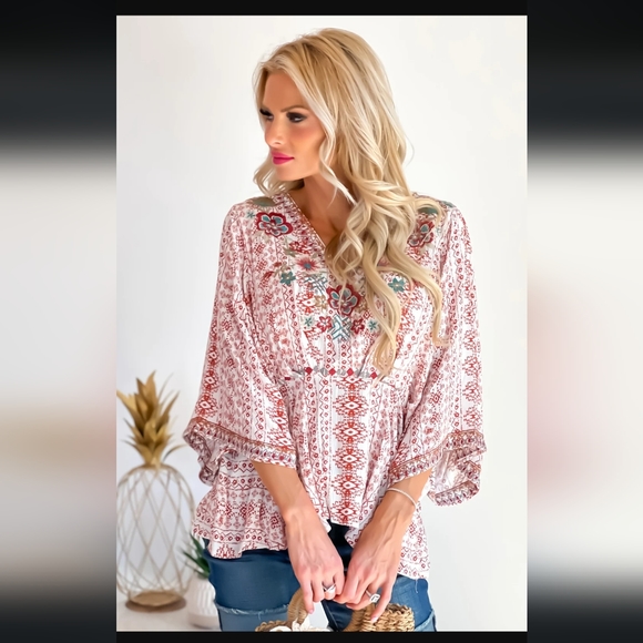 Savanna Jane Tops - Savanna Jane Boho Embroidered Peplum Top Size Small